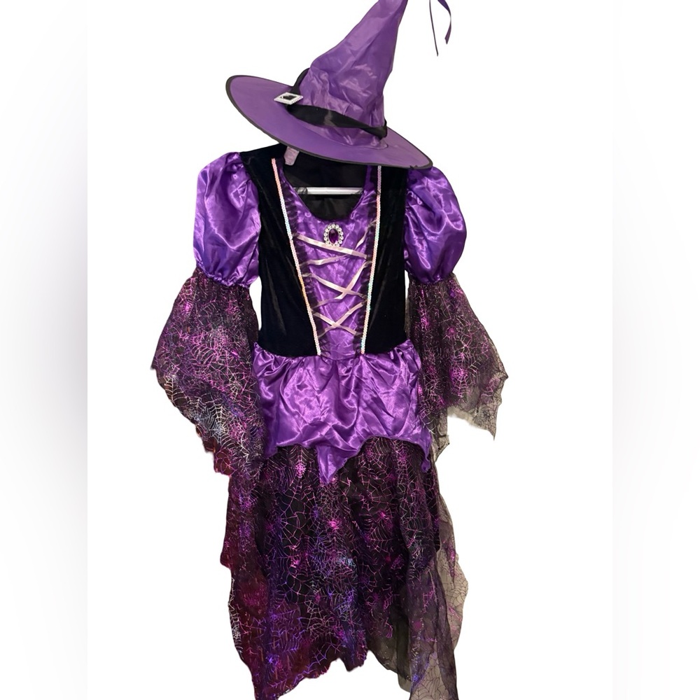 Girls Purple Witch Halloween Costume with Hat – Size 7–9 Years